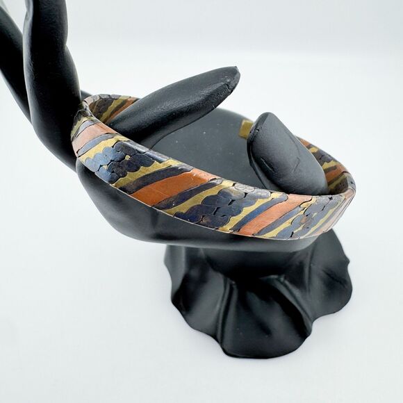 Vintage Copper Brass & Black Enamel Cuff Bracelet Mixed Metal Boho Tribal Rustic - Picture 3 of 7